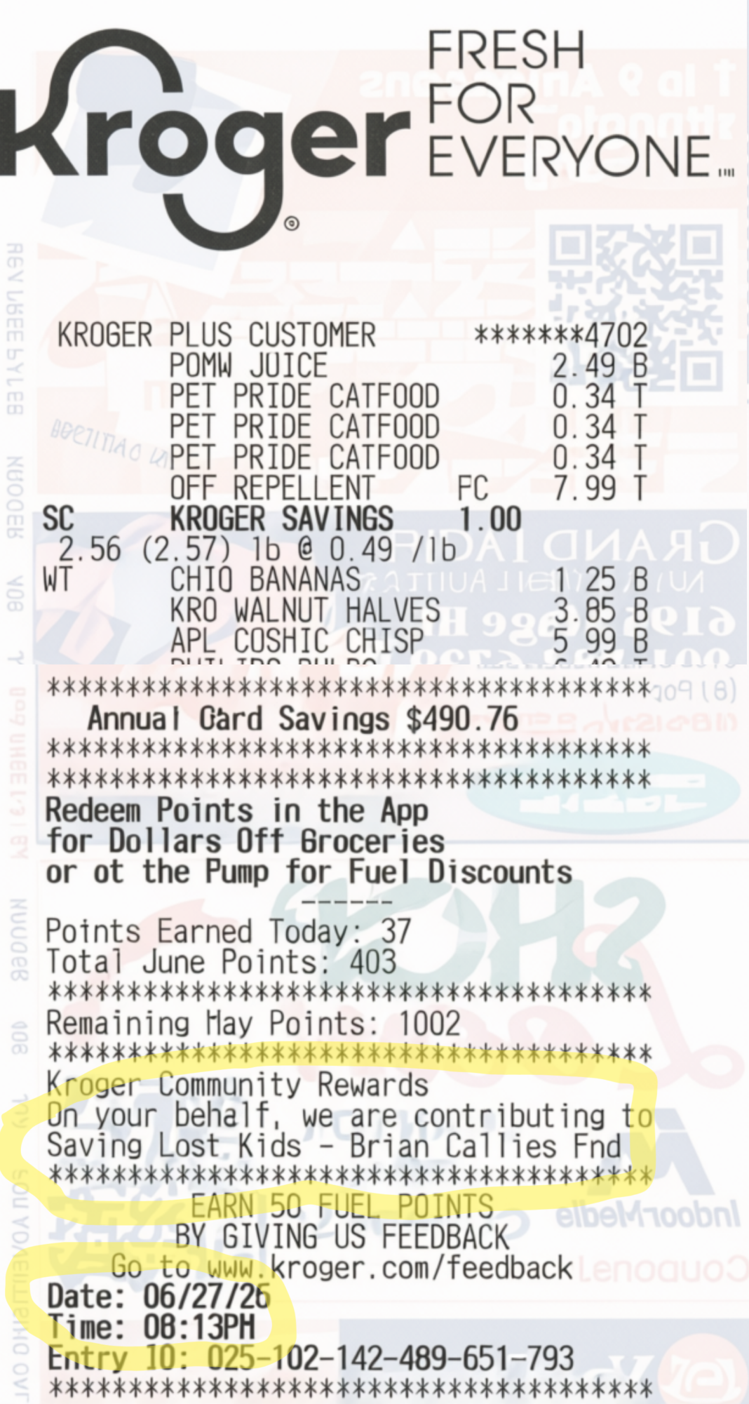 Kroger receipt with the Saving Lost Kids donation message highlighted at the bottom